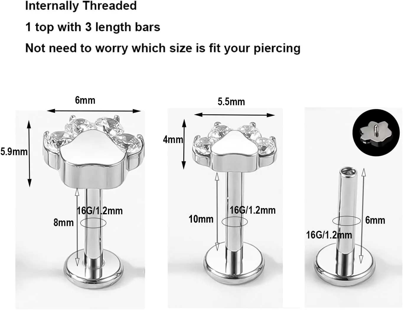 BelezaDosas 16G G23 Titanium Cartilage Earrings Stud Flat Back Dog Paw Cartilage Piercing Jewelry Internally Threaded Medusa Piercing Short Bar Long Bar