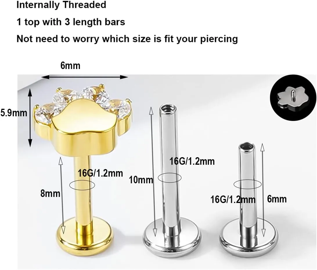 BelezaDosas 16G G23 Titanium Cartilage Earrings Stud Flat Back Dog Paw Cartilage Piercing Jewelry Internally Threaded Medusa Piercing Short Bar Long Bar