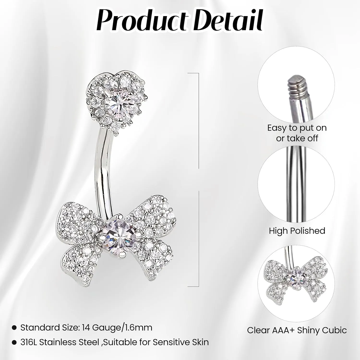 Belly Button Rings Diamond Bow Dangle Cute Belly Button Ring Belly Piercing Jewelry Belly Ring Stainless Steel Belly Rings for Women 1 Pcs