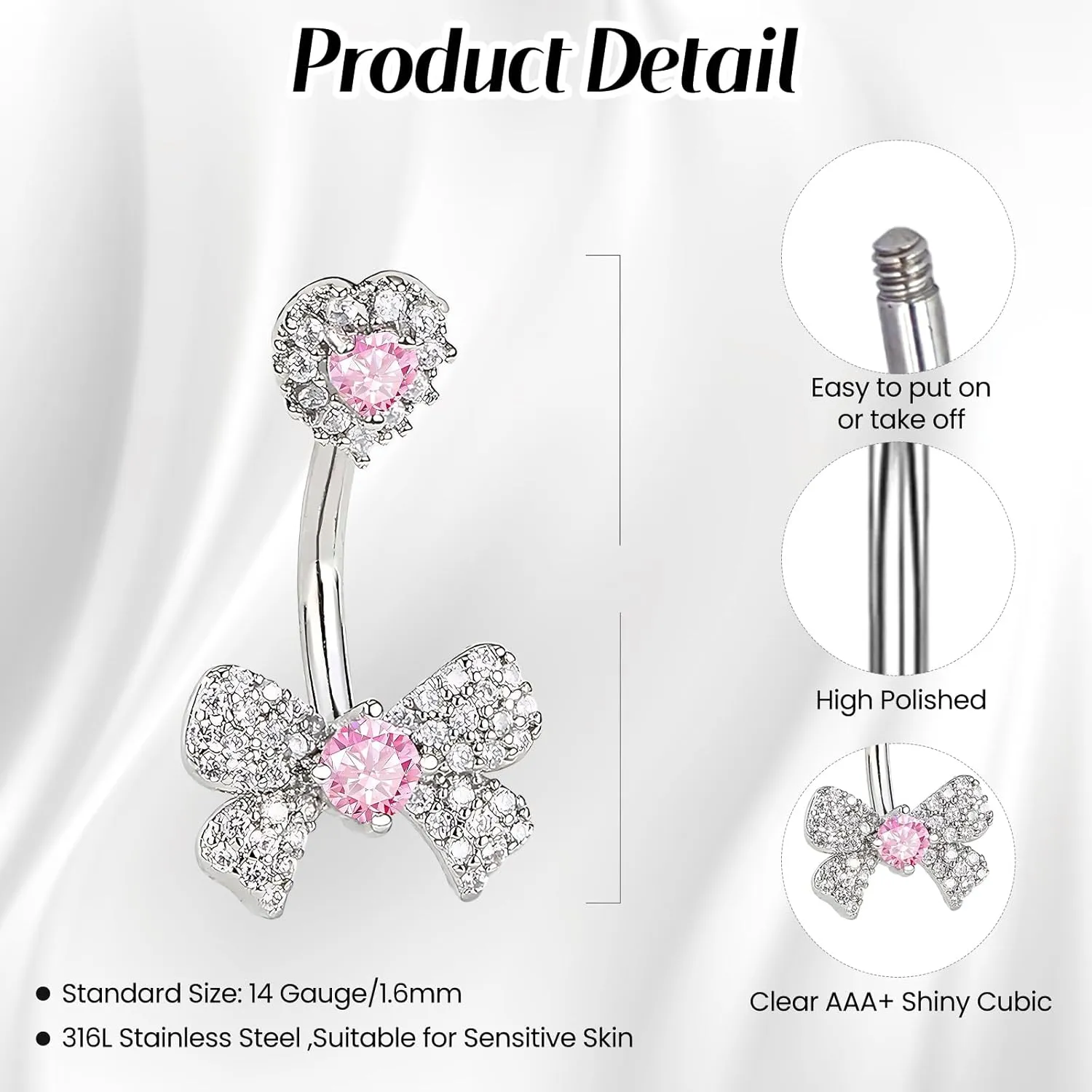 Belly Button Rings Diamond Bow Dangle Cute Belly Button Ring Belly Piercing Jewelry Belly Ring Stainless Steel Belly Rings for Women 1 Pcs