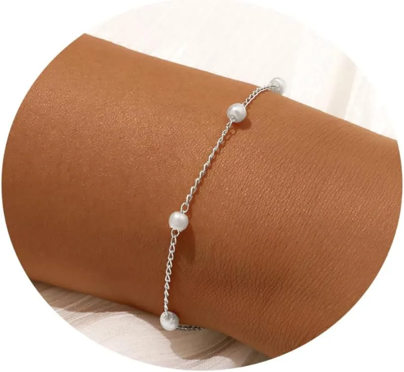 BERISO Gold/Silver Pearl Bracelets - 14K Gold Plated Dainty Pearls Beaded Chain Heart Bracelets