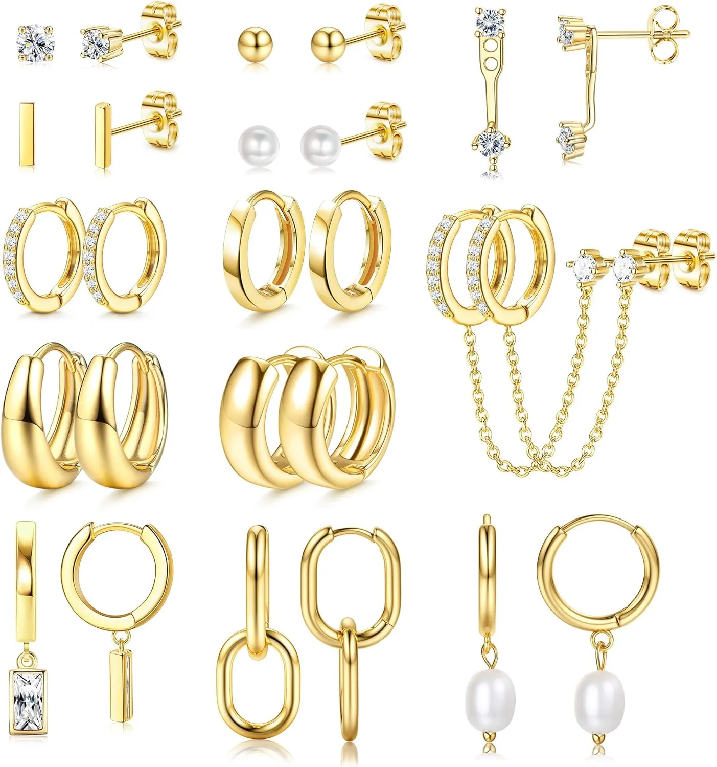 BESTEEL 13 Pairs Small Gold Hoop Earrings Set for Women 14K Gold Plated Lightweight Huggie Hoops Hypoallergenic Pearl Dainty Stud Hoop Earrings for Gift