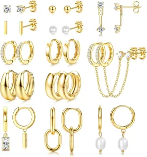 BESTEEL 13 Pairs Small Gold Hoop Earrings Set for Women 14K Gold Plated Lightweight Huggie Hoops Hypoallergenic Pearl Dainty Stud Hoop Earrings for Gift