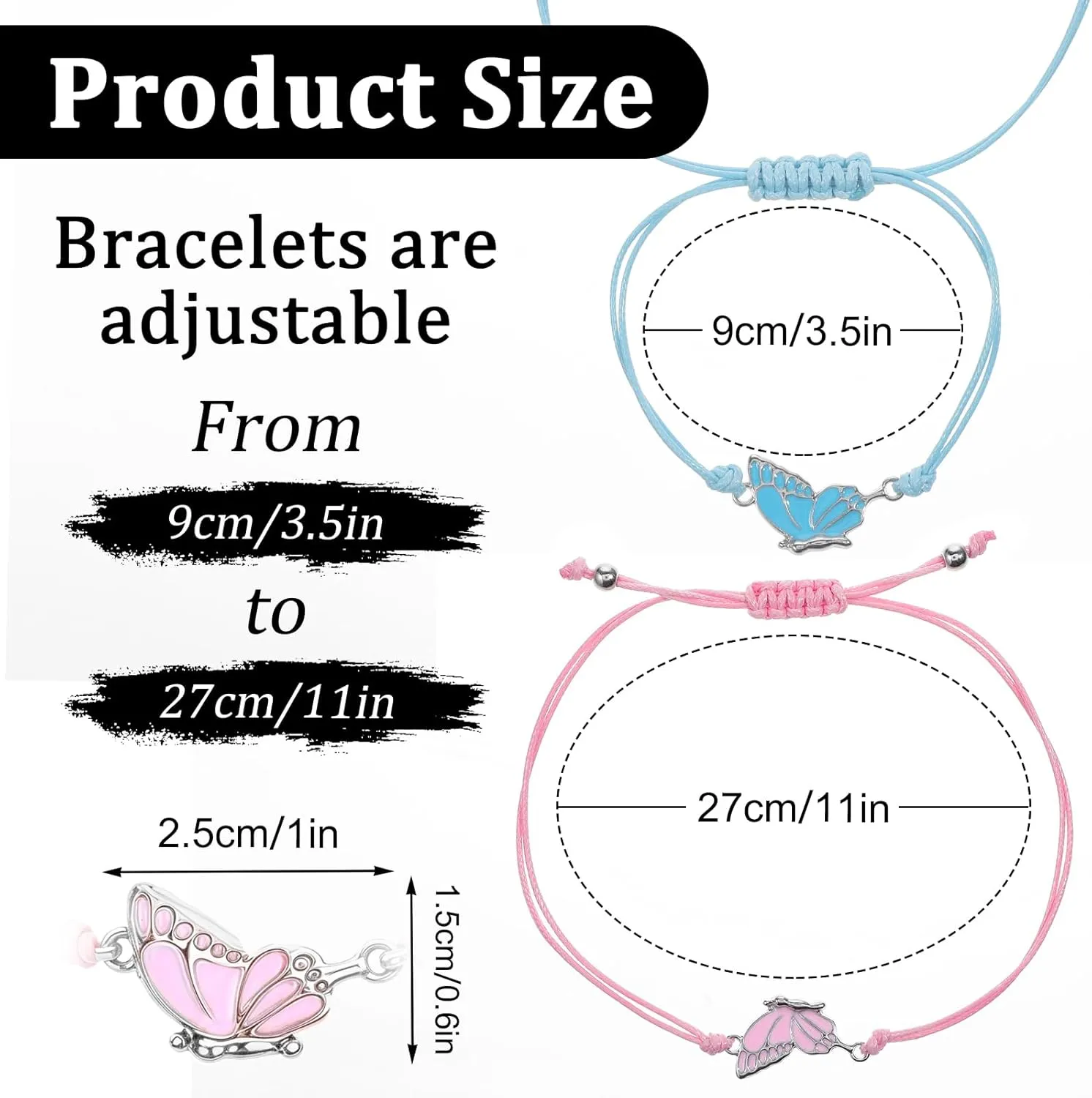 BFF Friendship Bracelets for 2, BFF Bracelet Adjustable Butterfly Matching Handmade Best Friend Bracelets