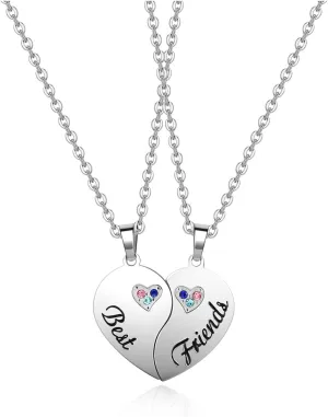 BFF Friendship Necklace for 2 Best Friend Necklaces for 2 Stainless Steel Half Heart Rhinestone Matching Pendant Best Friends Forever Necklaces BFF Gifts