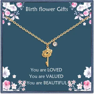 Birth Flower Necklaces Birthday Gifts for Women | 14K Gold Plated Birth Month Floral Birthstone Pendant Necklaces Wildflower Flowered Jewelry Gifts for Mom Friends