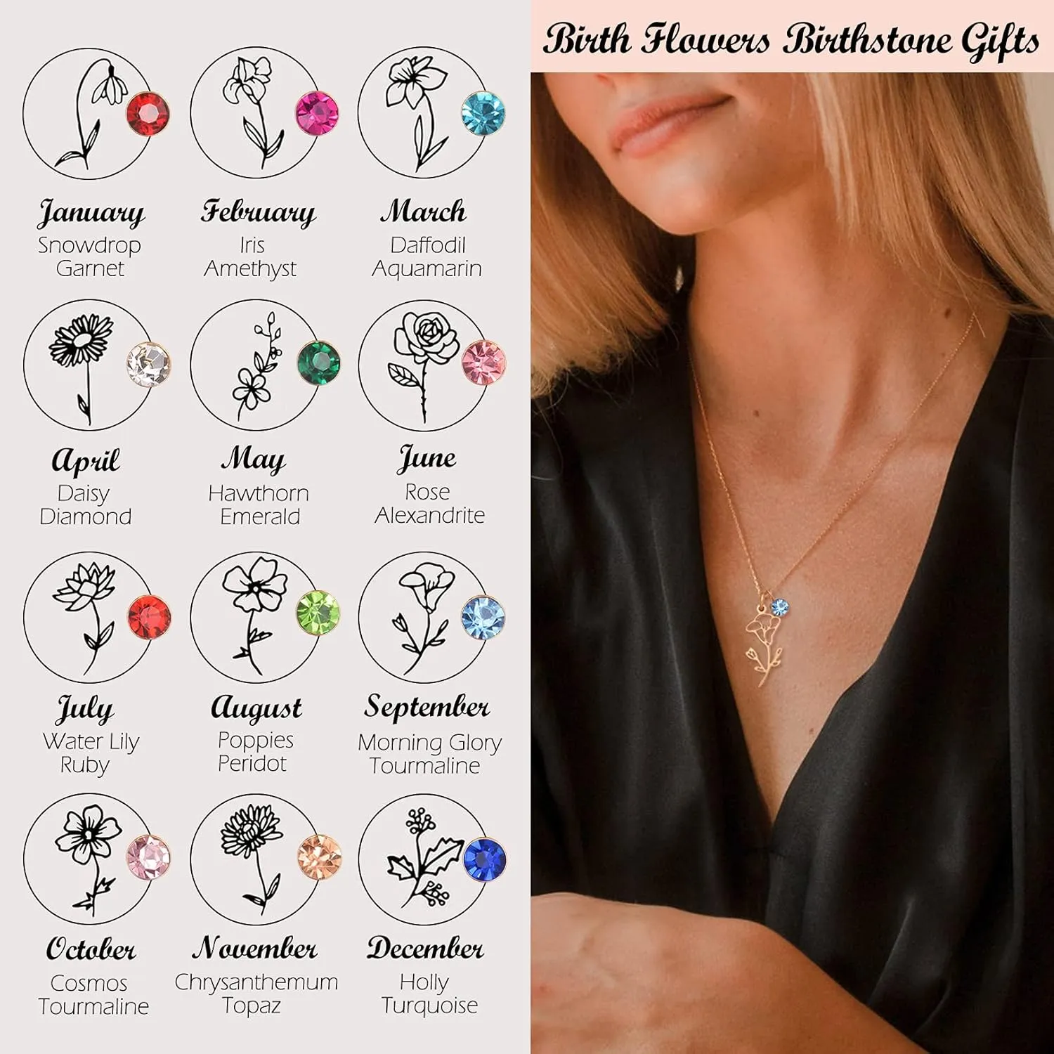 Birth Flower Necklaces Birthday Gifts for Women | 14K Gold Plated Birth Month Floral Birthstone Pendant Necklaces Wildflower Flowered Jewelry Gifts for Mom Friends