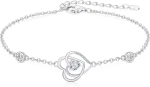 Birthstone Bracelet for Women, Platinum Plated 925 Sterling Silver Double Heart Dainty Bracelets for Women with 3 Zirconia Gemstones, Birthday Bracelet for Women
