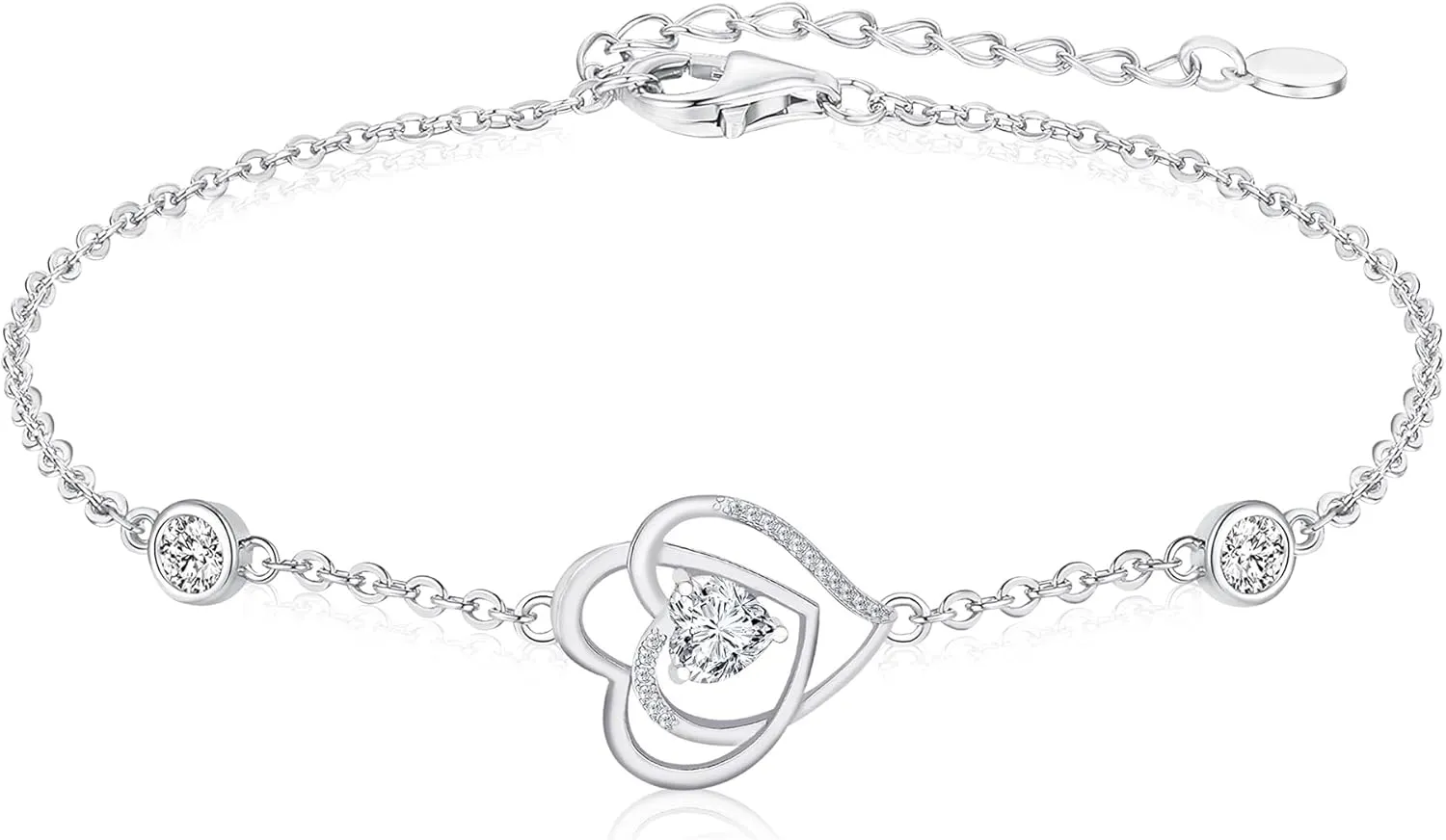 Birthstone Bracelet for Women, Platinum Plated 925 Sterling Silver Double Heart Dainty Bracelets for Women with 3 Zirconia Gemstones, Birthday Bracelet for Women
