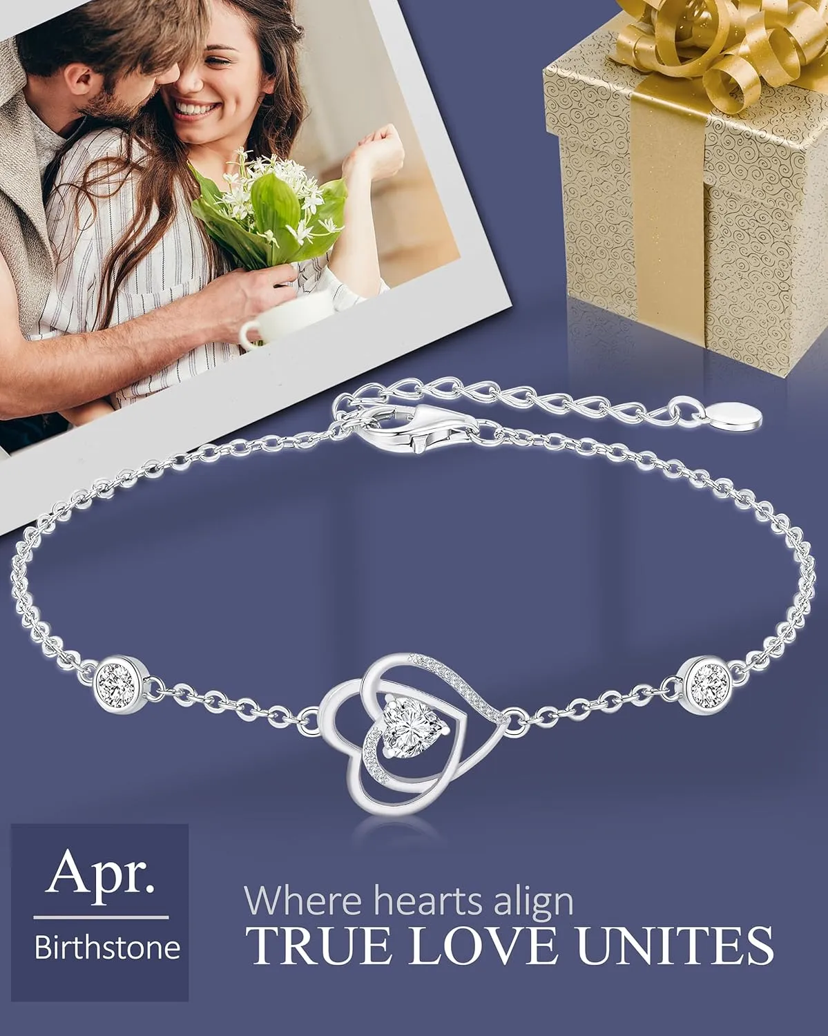 Birthstone Bracelet for Women, Platinum Plated 925 Sterling Silver Double Heart Dainty Bracelets for Women with 3 Zirconia Gemstones, Birthday Bracelet for Women
