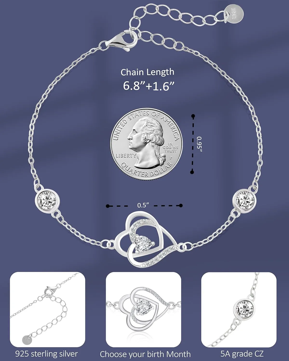 Birthstone Bracelet for Women, Platinum Plated 925 Sterling Silver Double Heart Dainty Bracelets for Women with 3 Zirconia Gemstones, Birthday Bracelet for Women