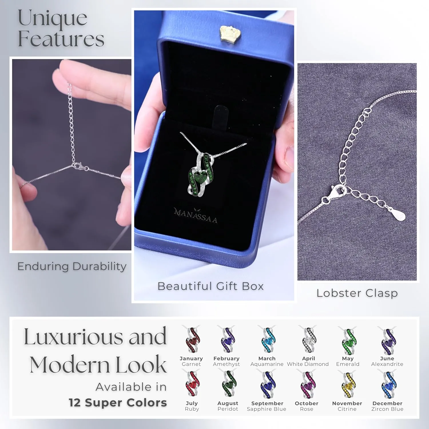 Birthstone Necklace Gift for Her Anniversary Present for Wife Girlfriend Mom Platinum Plated Sterling Silver Infinity Heart Necklace Gift for Women Mothers Day Valentines Day Christmas Day