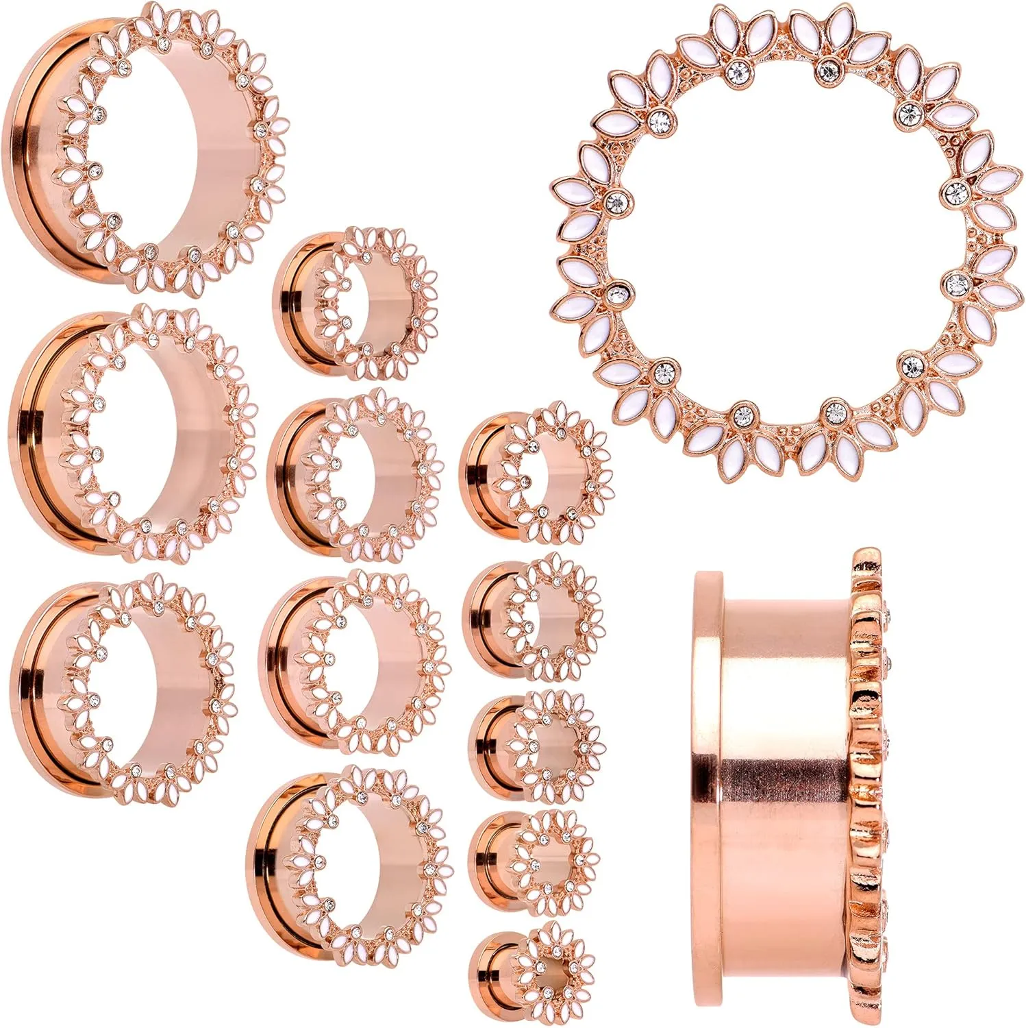 Body Candy 2Pc Plated Steel Rosy White Leaves Double Flare Screw Fit Tunnel Plug Ear Plug Gauges Set