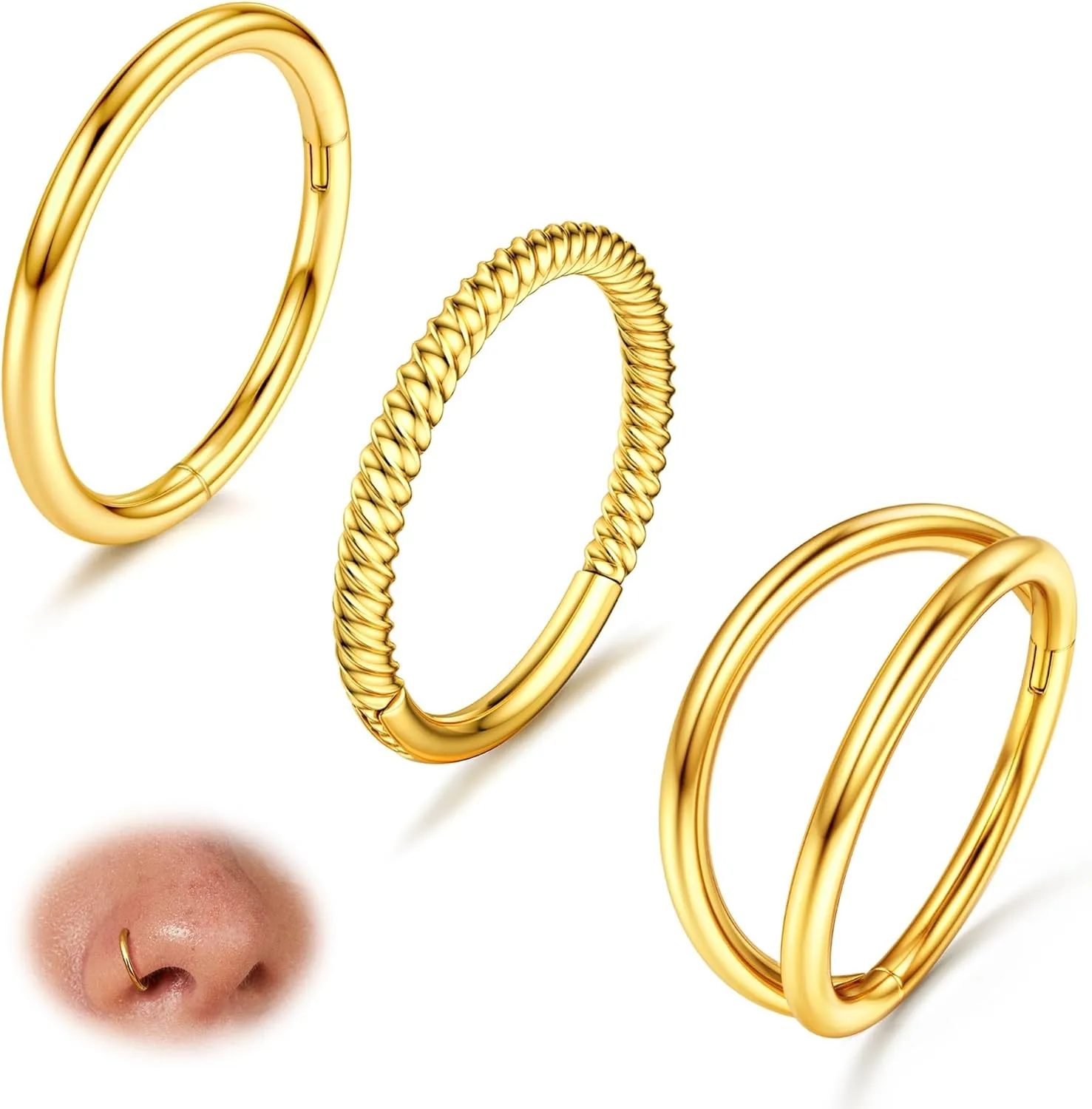 BodyBonita 3pcs 16G/18G/20G Nose Rings 316L Surgical Steel Triple/Double Hoop CZ Septum Cartilage Earring Helix Rook Tragus Conch Piercing Jewelry for Women Men 8 mm/10 mm