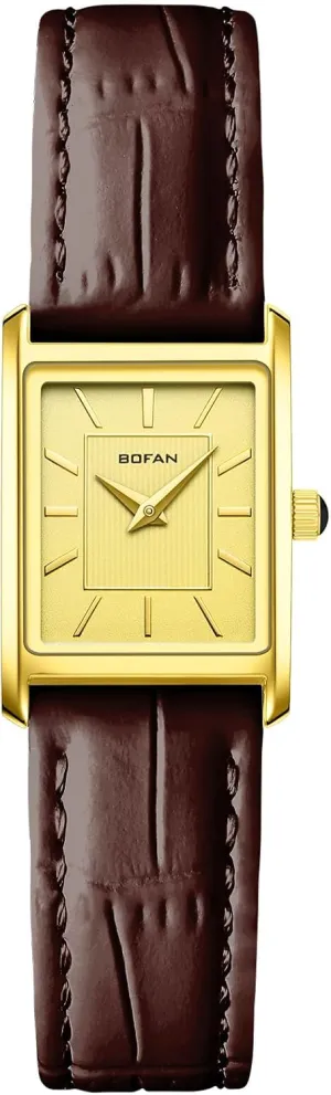 BOFAN Women's Leather Straps Watch Dainty Elegant Gold Watches for Women with Vintage Square Case,Water Resistant