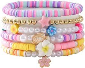 Bohemia Hawaiian Plumeria Rubra Tropical Flower Stackable Bracelets Set Colorful Polymer Clay Beaded Bracelets Cute Sweet Flower Y2K Pearl Bracelets Summer Beach Holiday Jewelry