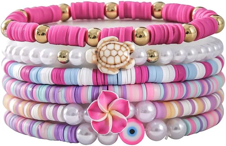 Bohemia Hawaiian Plumeria Rubra Tropical Flower Stackable Bracelets Set Colorful Polymer Clay Beaded Bracelets Cute Sweet Flower Y2K Pearl Bracelets Summer Beach Holiday Jewelry