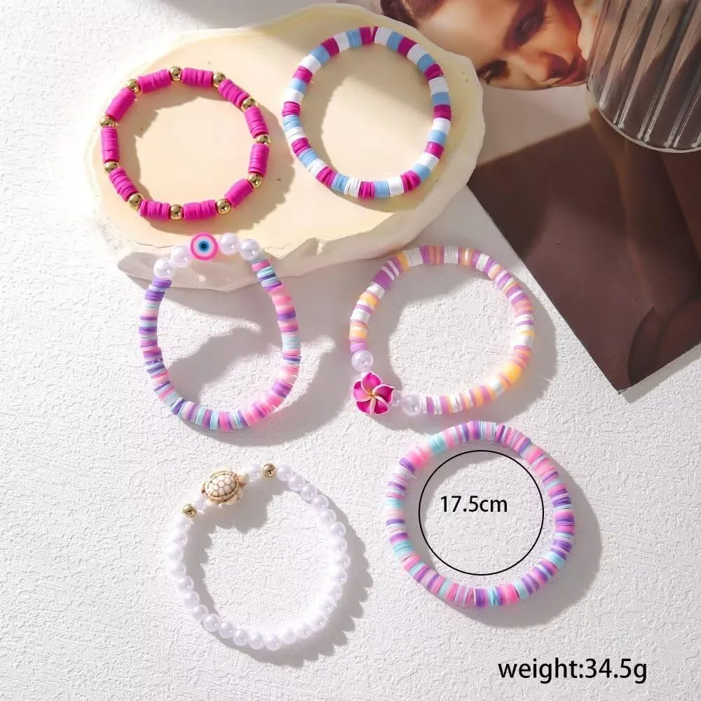 Bohemia Hawaiian Plumeria Rubra Tropical Flower Stackable Bracelets Set Colorful Polymer Clay Beaded Bracelets Cute Sweet Flower Y2K Pearl Bracelets Summer Beach Holiday Jewelry