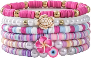 Bohemia Hawaiian Plumeria Rubra Tropical Flower Stackable Bracelets Set Colorful Polymer Clay Beaded Bracelets Cute Sweet Flower Y2K Pearl Bracelets Summer Beach Holiday Jewelry