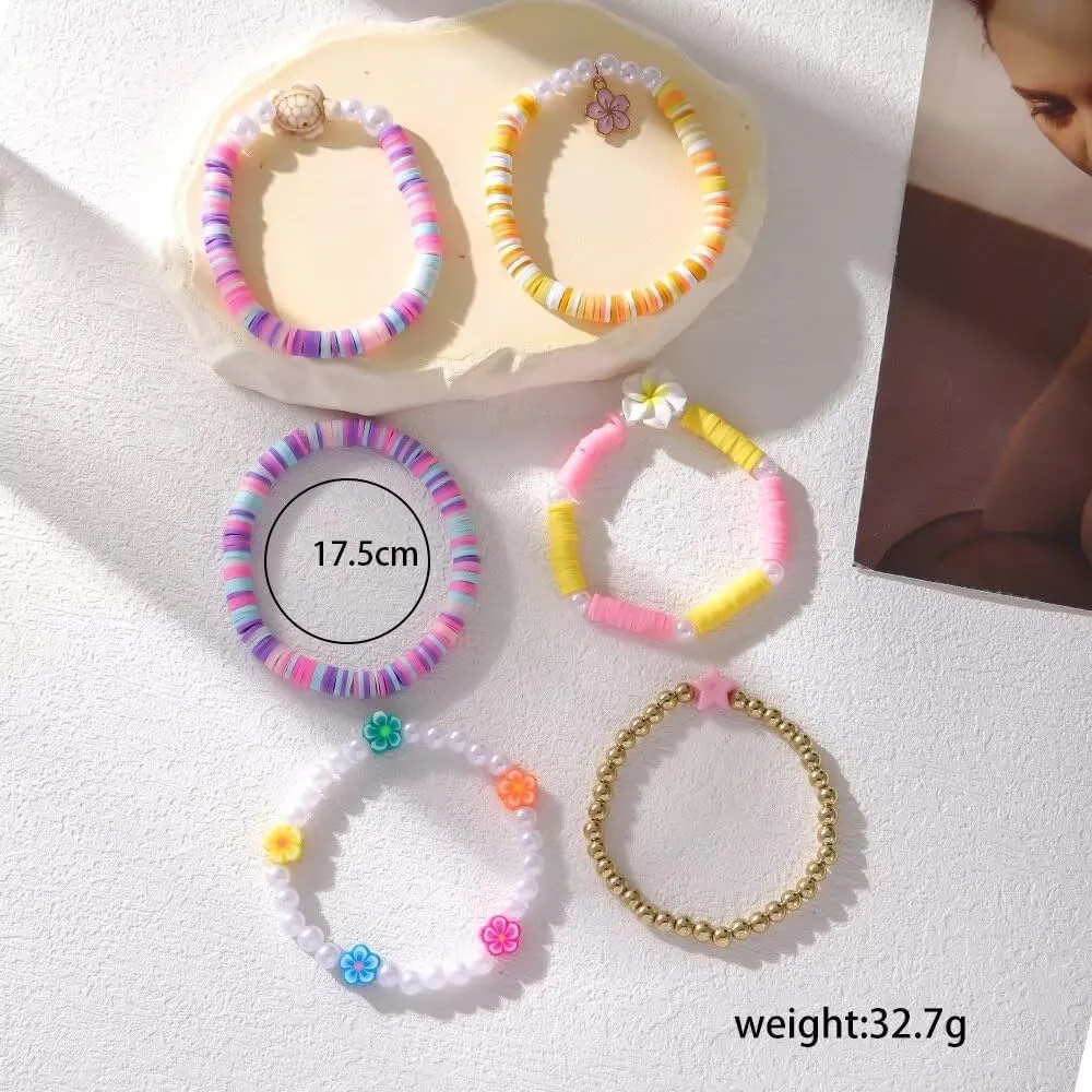 Bohemia Hawaiian Plumeria Rubra Tropical Flower Stackable Bracelets Set Colorful Polymer Clay Beaded Bracelets Cute Sweet Flower Y2K Pearl Bracelets Summer Beach Holiday Jewelry
