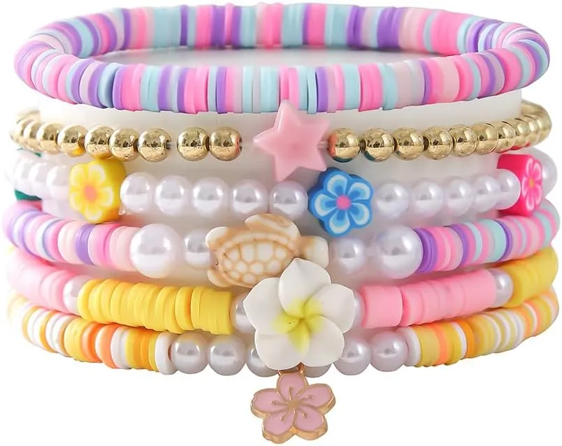Bohemia Hawaiian Plumeria Rubra Tropical Flower Stackable Bracelets Set Colorful Polymer Clay Beaded Bracelets Cute Sweet Flower Y2K Pearl Bracelets Summer Beach Holiday Jewelry