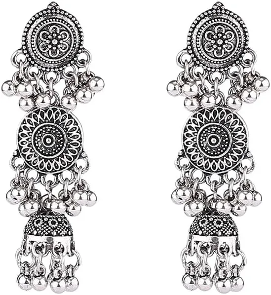 Bohemian Jhumka Jhumki Bollywood Dangle Earrings Boho Layered Beaded Ball Bell Drop Tassel Dangle Vintage Earring Gypsy Ethnic Indian Traditional Wedding Party Jewelry for Women Gift