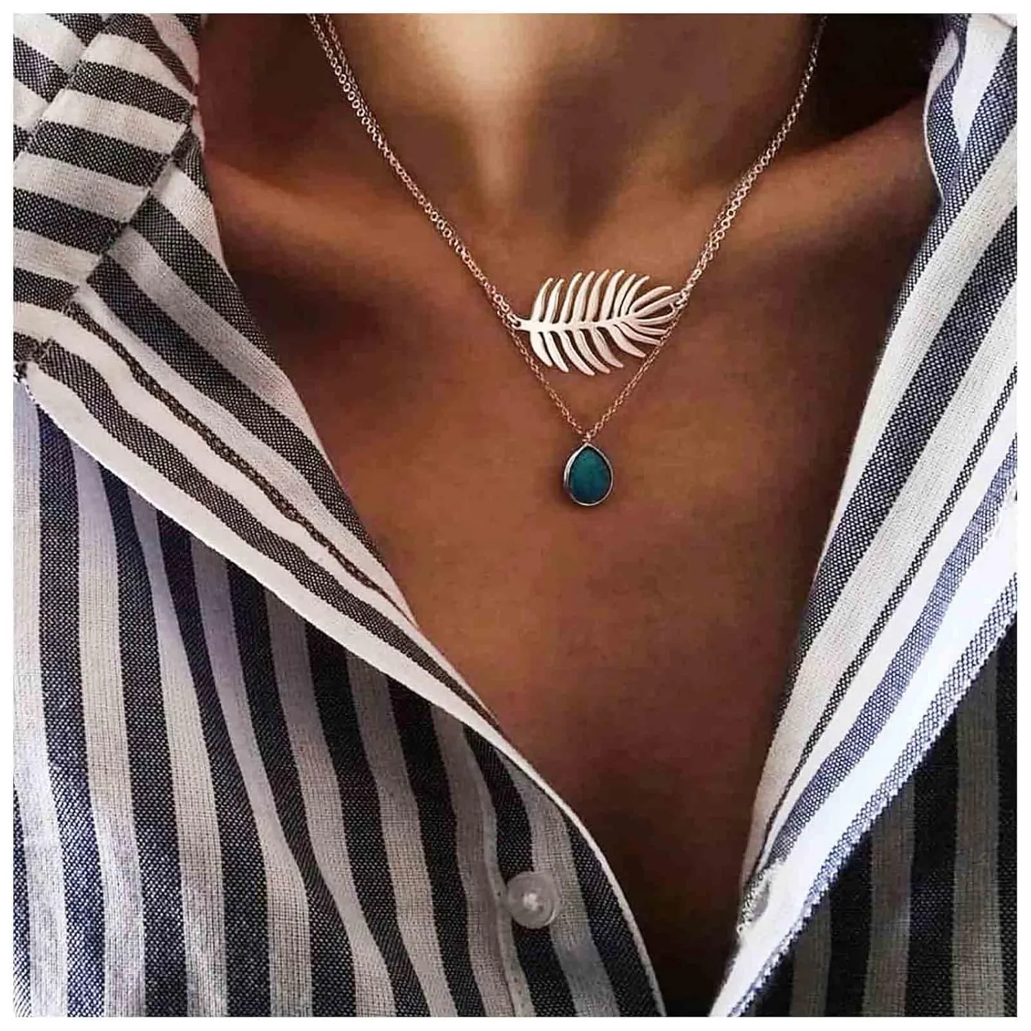 Bohemian Layered Turquoise Choker Necklace Teardrop Turquoise Necklace Blue Turquoise Pendant Necklace Silver Feather Necklace Chain Vintage Leaf Chain Necklace Jewelry for Women and Girls