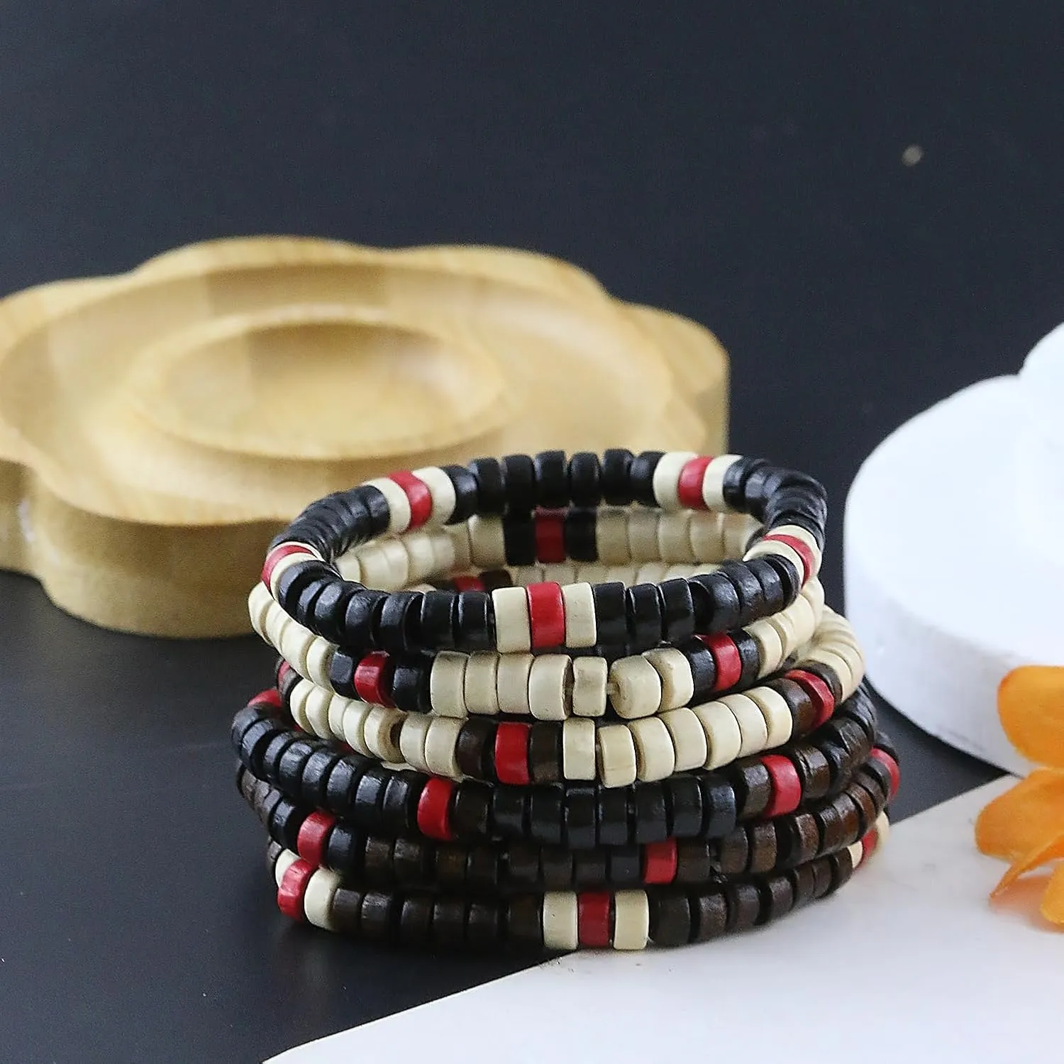 Bohemian Stackable Bracelets for Men Women Retro Wood Beaded Ethnic Tribal Bracelets for Men Boho Multilayer Stretch Bracelet Colorful Beaded Charm Bracelets Set