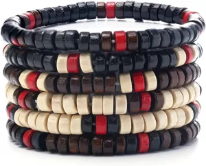 Bohemian Stackable Bracelets for Men Women Retro Wood Beaded Ethnic Tribal Bracelets for Men Boho Multilayer Stretch Bracelet Colorful Beaded Charm Bracelets Set