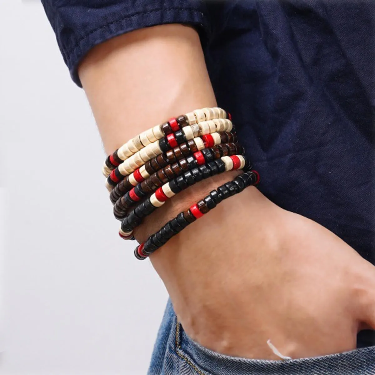 Bohemian Stackable Bracelets for Men Women Retro Wood Beaded Ethnic Tribal Bracelets for Men Boho Multilayer Stretch Bracelet Colorful Beaded Charm Bracelets Set