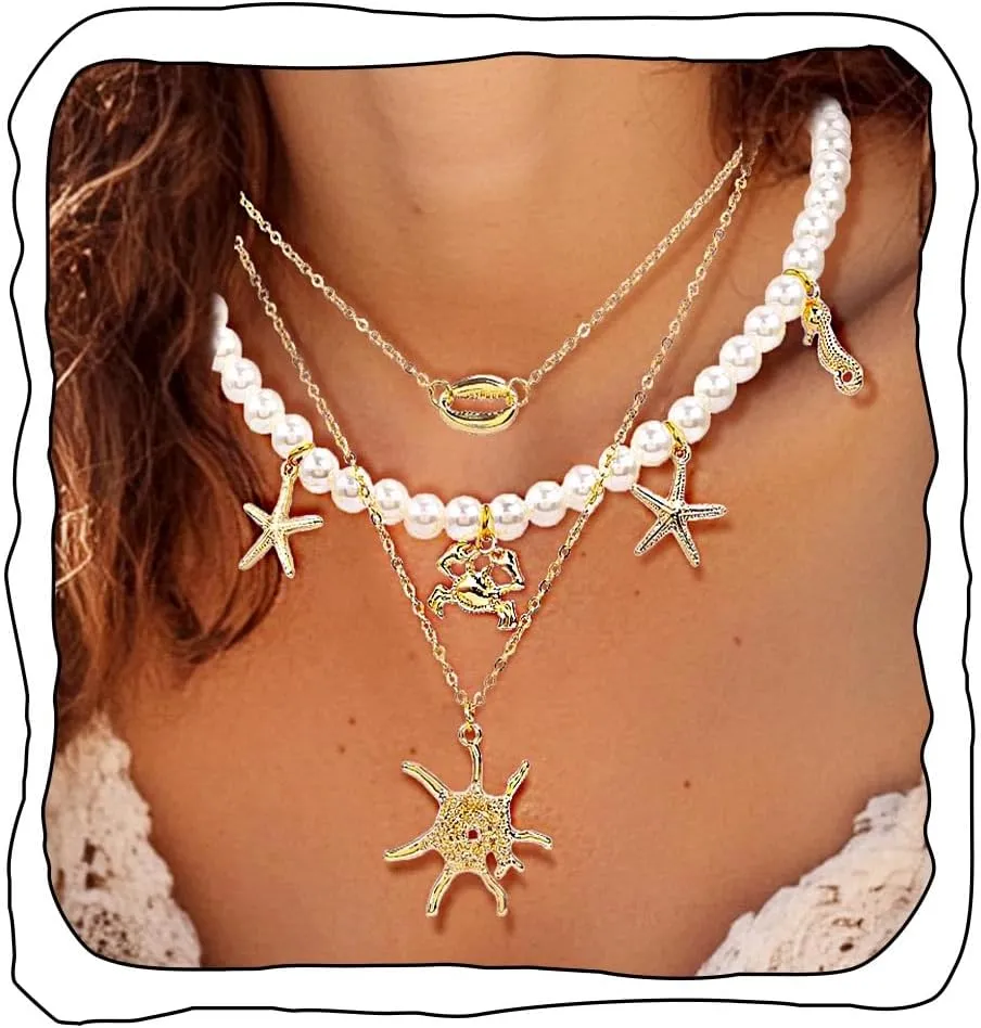 Boho Layered Sun Necklace Gold Sun Pendant Necklaces Starfish Seahorse Collar Necklaces Summer Shell Choker Necklaces for Women