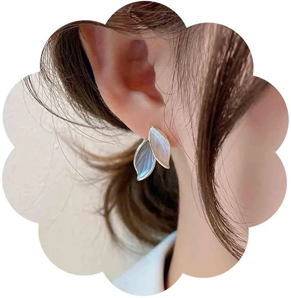 Boho Leaf Stud Earrings Silver Leaves Earrings Blue Enamel Leaf Earrings Tiny Olive Leaf Earrings Jewelry for Women