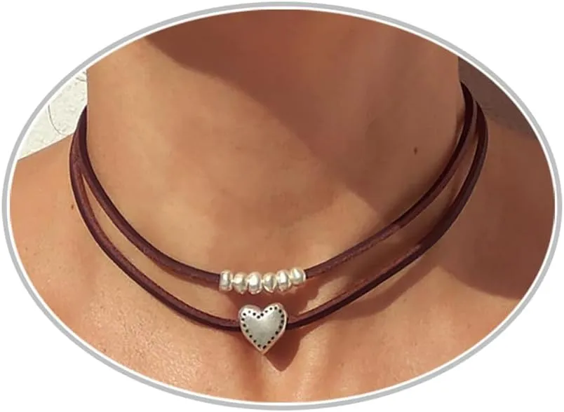 Boho Necklaces for Women Layered Leather Necklaces Suede Choker Necklace Vintage Bohemian Heart Necklace Turquoise Necklace Trendy Western Necklaces Jewelry Present