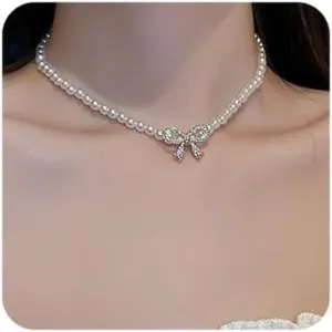 Boho Shiny Pearl Rhinestones Bow Choker Necklaces Dainty Rhinestones Pearls Chunky Short 1920s Choker Necklace Choker Necklaces Prom Party Bar Accessories for Women
