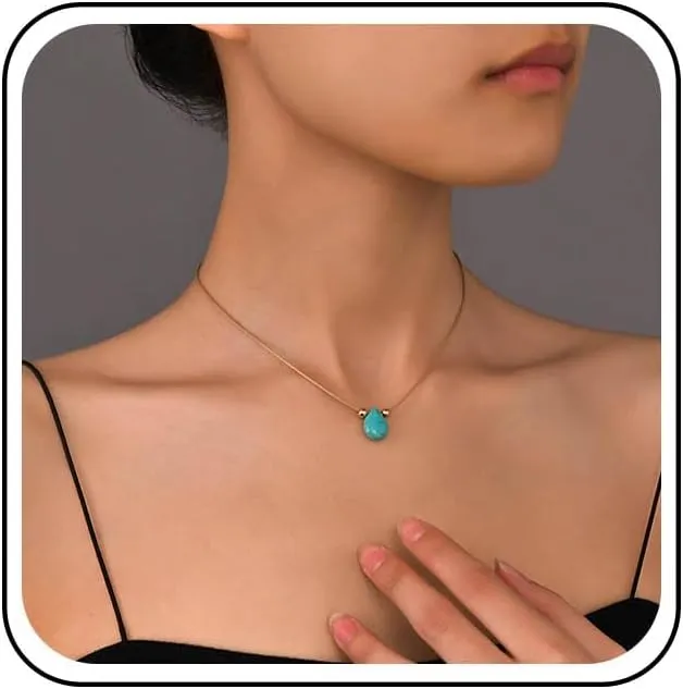 Boho Teardrop Turquoise Necklace Choker Blue Gemstone Pendant Necklace Gold Turquoise Bead Necklace Blue Turquoise Choker Necklace Jewelry for Women
