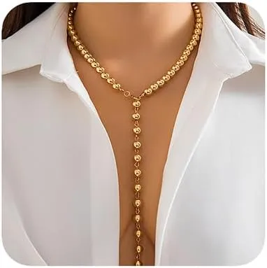 Boho Women Simple Necklace Gold Silver Dainty Pearls Y Long Choker Necklaces Handmade Beads Fashion Chunky Pendant Adjustable Silver Gold Chain Necklaces for Women