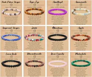BOMAIL 12PCS 6MM Gemstones Beaded Bracelet for Women Healing Crystal Stone Bracelets Round Beads Semi-Precious Stretch Bracelet Set Unisex Jewelry