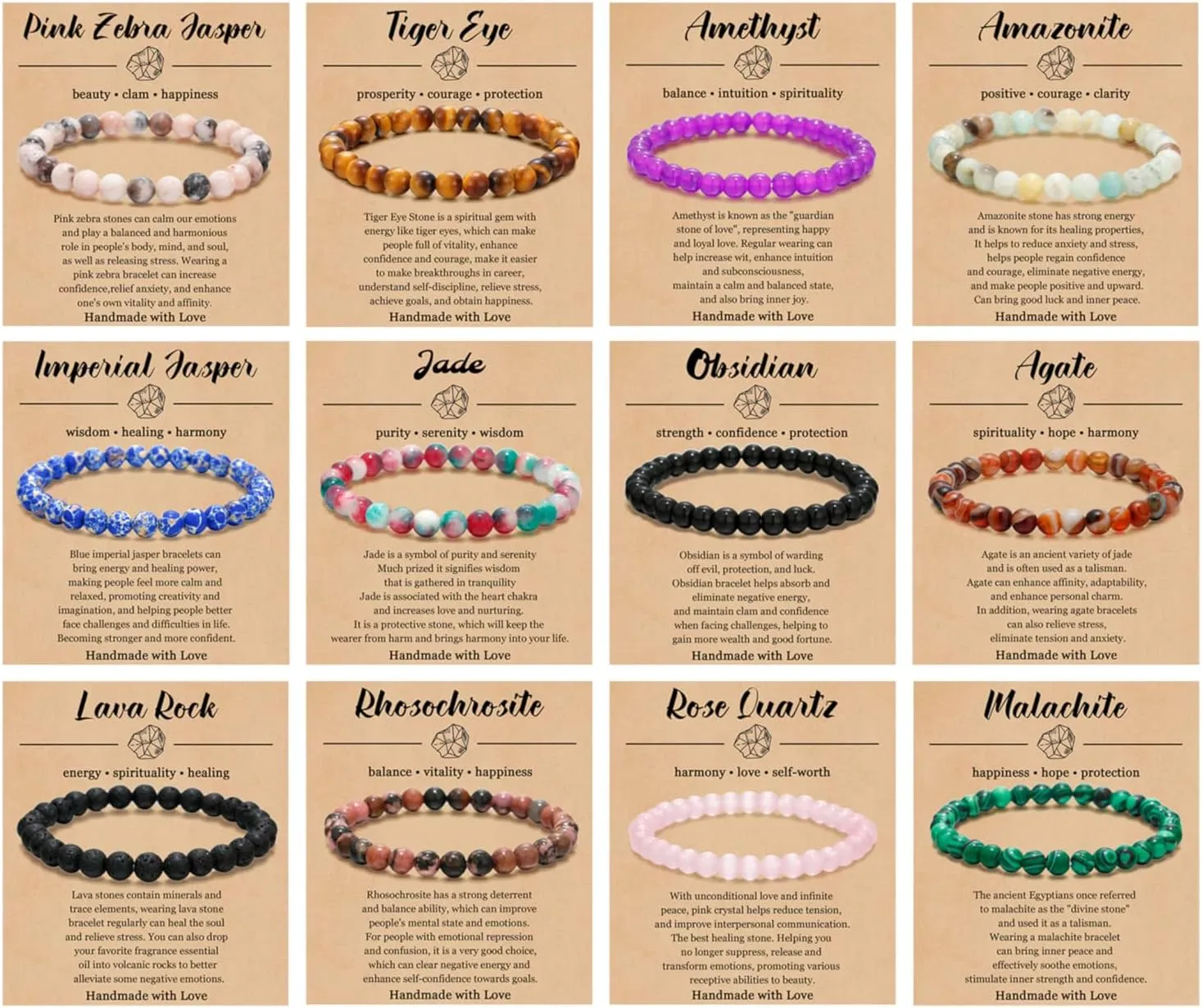 BOMAIL 12PCS 6MM Gemstones Beaded Bracelet for Women Healing Crystal Stone Bracelets Round Beads Semi-Precious Stretch Bracelet Set Unisex Jewelry