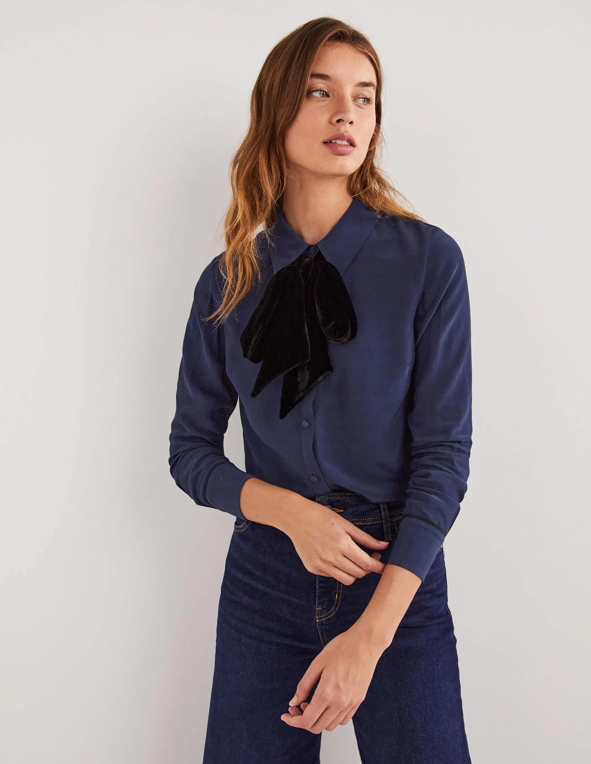 Bow Detail Classic Shirt-Navy