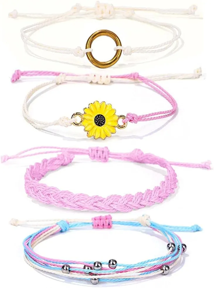 Caiyao 4 Pcs Summer Surfer Wave Anklet Bracelets Adjustable Strand Braided String Rope Bracelets Waterproof Handmade Sunflower Bracelets Anklets Jewelry for Women