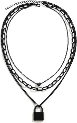 Caiyao Stacked Necklaces for Women Black Lock Chains Heart Grunge Layered Necklace Aesthetic Pendant Multilayer Choker
