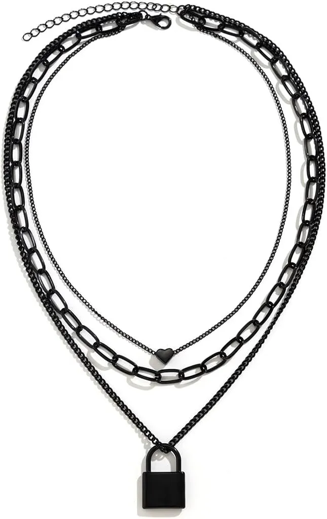 Caiyao Stacked Necklaces for Women Black Lock Chains Heart Grunge Layered Necklace Aesthetic Pendant Multilayer Choker