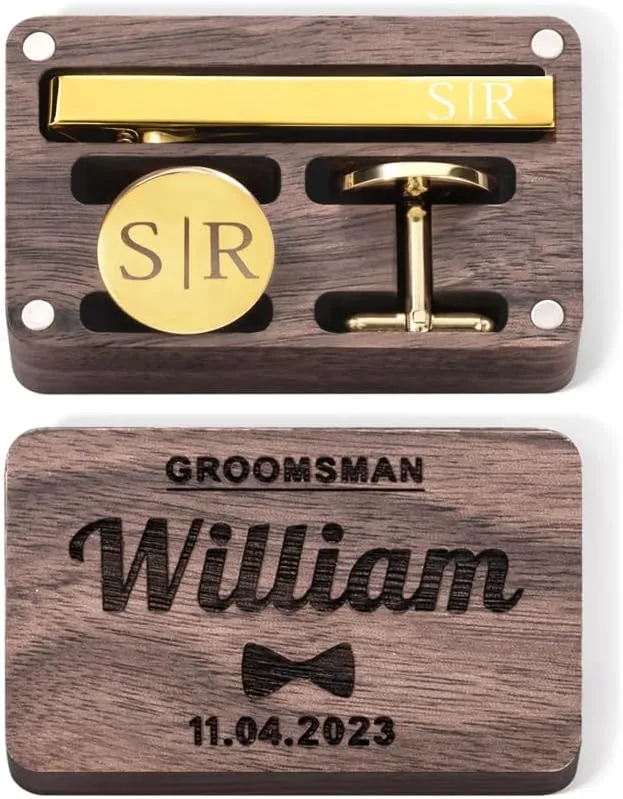 callie Personalized Cuff Links & Tie Clip Set for Men, Custom Initial Mens Cufflinks with Wooden Box, Business Wedding Father's Day Gift for Groom Groomsmen Dad