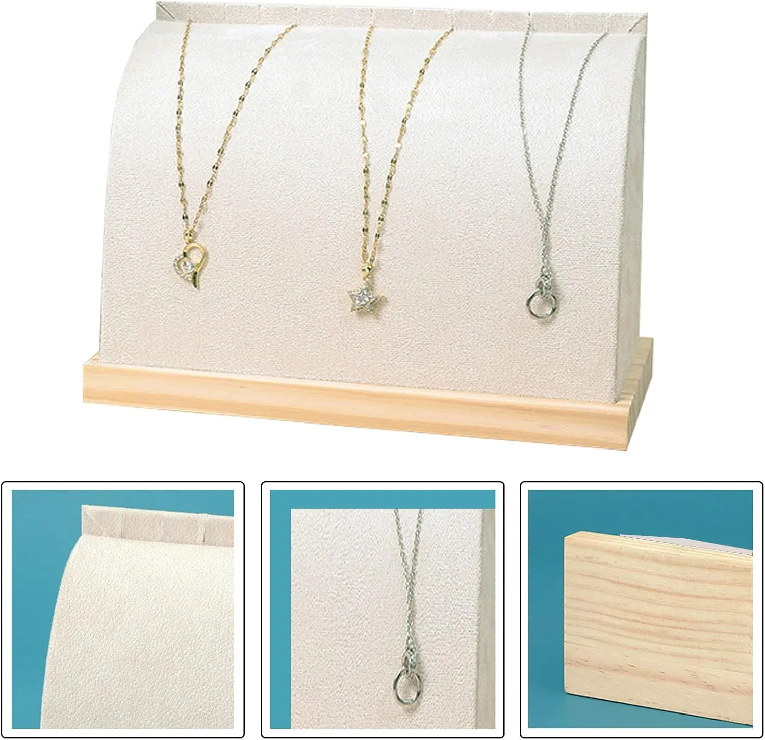 Cambered Necklace Display Stand with Flannelette Soft Mat Wood Jewelry Organizer Tabletop Display Holder for Necklaces, Bracelet, Choker Pendant (Beige)