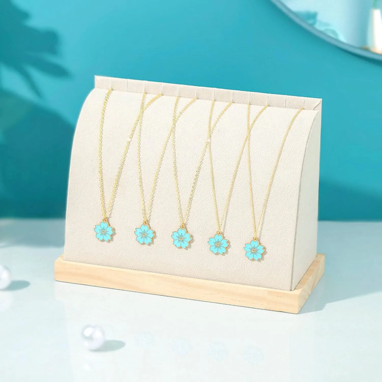 Cambered Necklace Display Stand with Flannelette Soft Mat Wood Jewelry Organizer Tabletop Display Holder for Necklaces, Bracelet, Choker Pendant (Beige)
