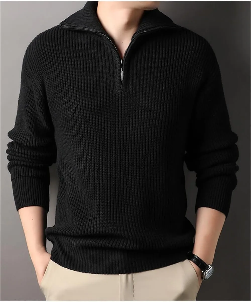 Casual Thickened Knitted Sweaters for Mens Cardigan Mock Neck Quarter Zip Long Sleeve Knitwear Warm Tops