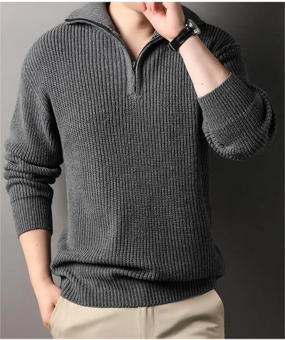 Casual Thickened Knitted Sweaters for Mens Cardigan Mock Neck Quarter Zip Long Sleeve Knitwear Warm Tops