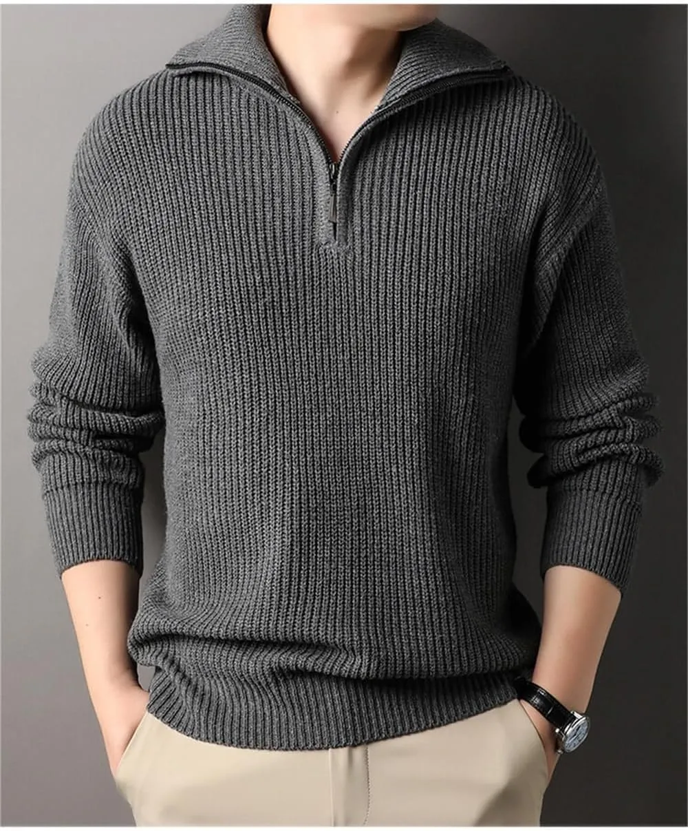 Casual Thickened Knitted Sweaters for Mens Cardigan Mock Neck Quarter Zip Long Sleeve Knitwear Warm Tops