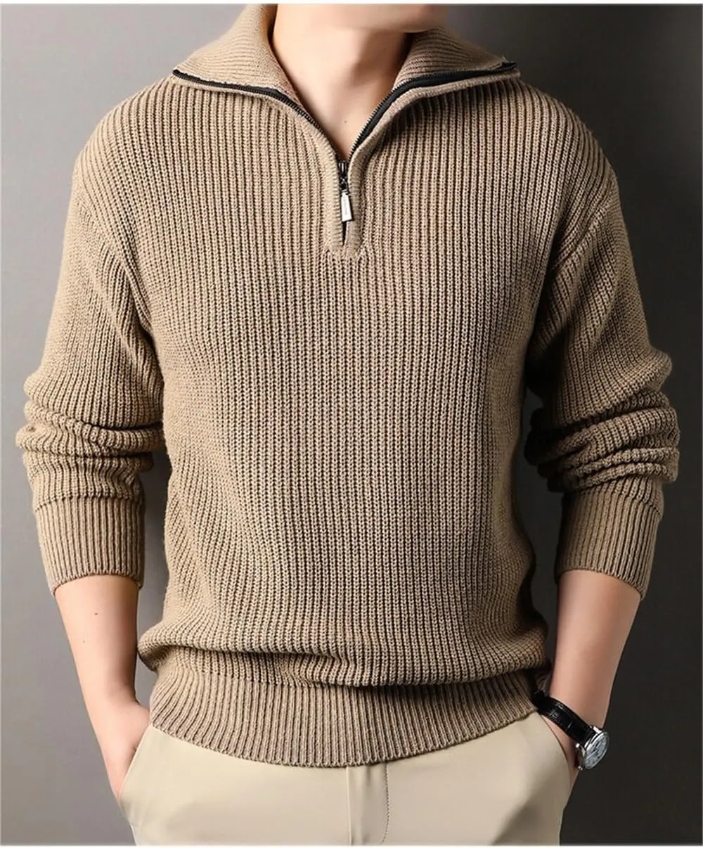 Casual Thickened Knitted Sweaters for Mens Cardigan Mock Neck Quarter Zip Long Sleeve Knitwear Warm Tops