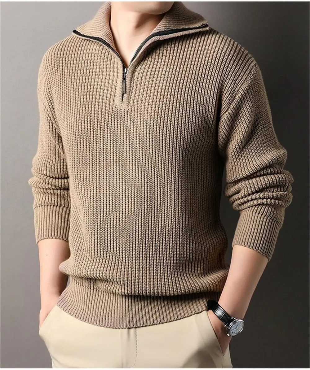 Casual Thickened Knitted Sweaters for Mens Cardigan Mock Neck Quarter Zip Long Sleeve Knitwear Warm Tops